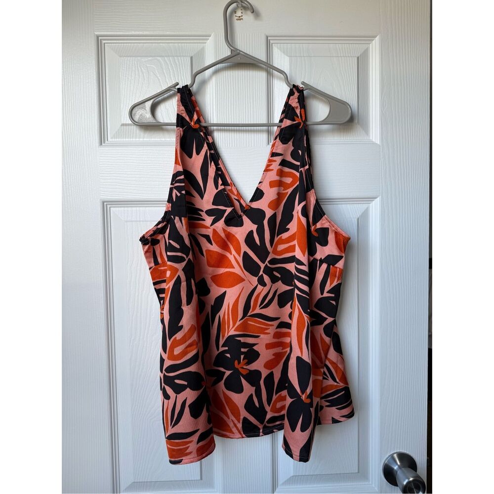 Old Navy Tank Top XXL Women's Peach Black V Neck Lightweight Hawaiian Floral Lea